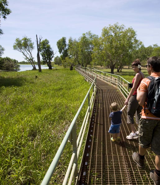 Family walking on boardwalk in Kakadu