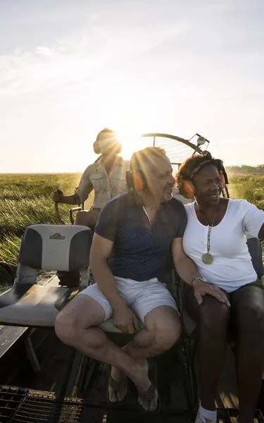 A couple on an airboat at Bamurru in the NT