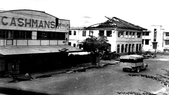 DARWIN, NT. 1942-10-08. THE BANK OF NEW SOUTH WALES BUILDING AT DARWIN  DAMAGED IN THE FIRST