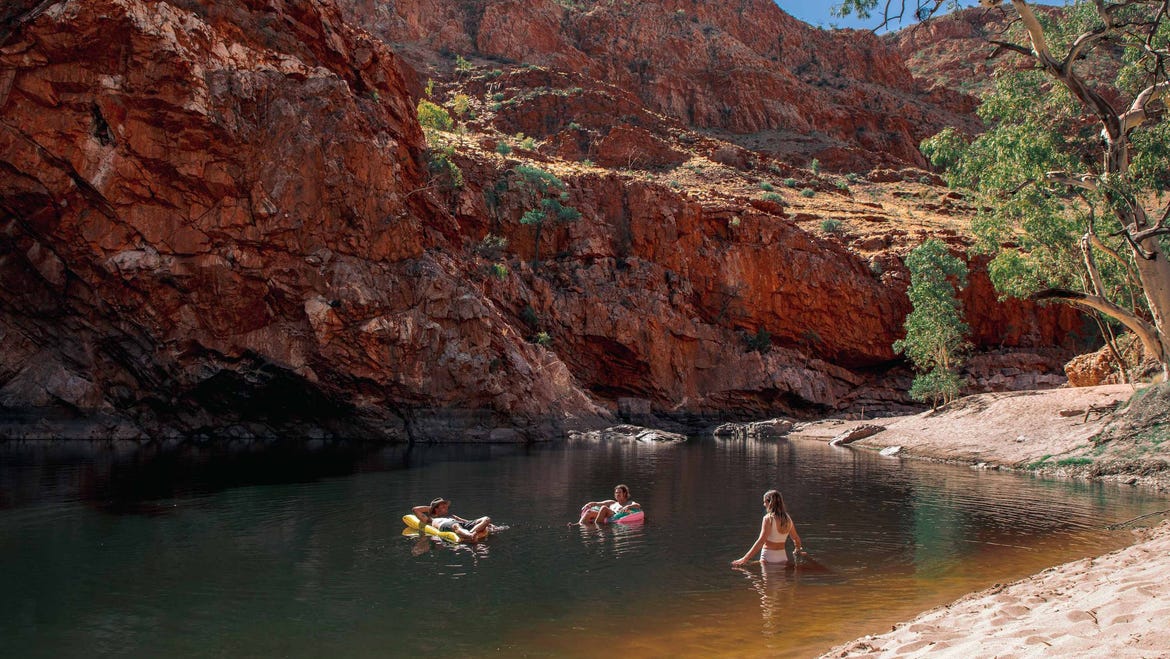Group of friends swimming at Ormiston Gorge