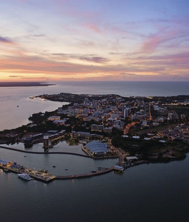 Aerial view of Darwin City at sunset