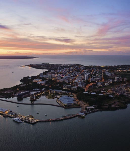 Aerial view of Darwin City at sunset