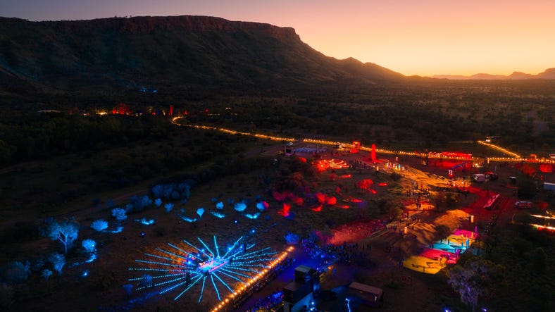 aerial view of light festival at sunset