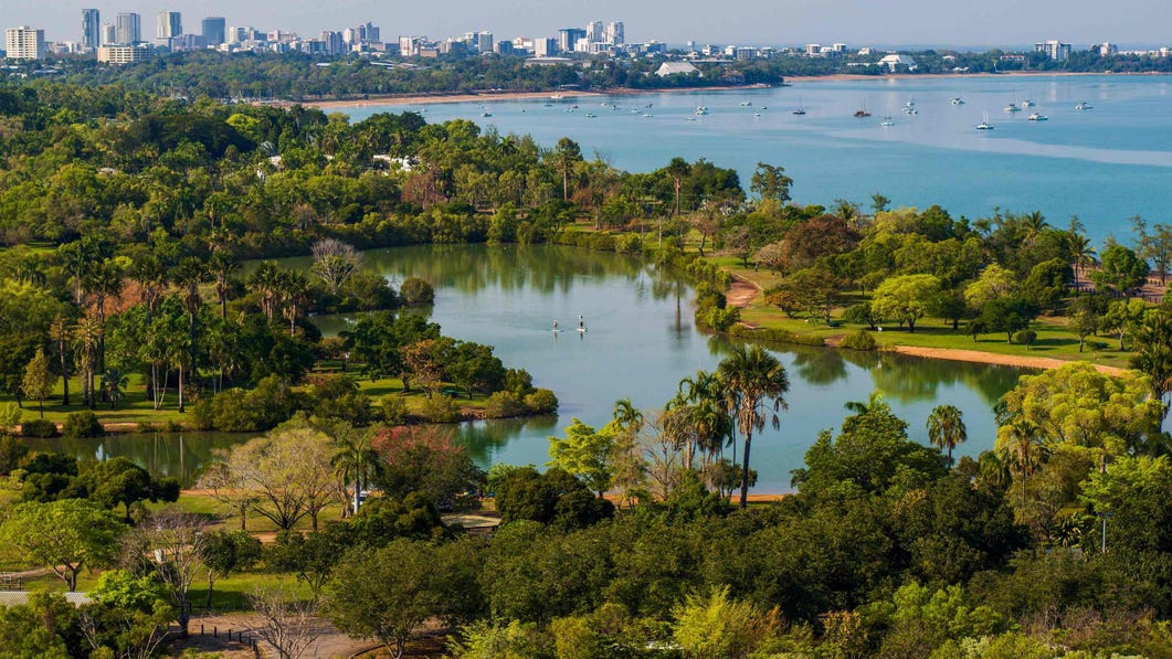Aerial shot of two people paddle boarding at Lake Alexander